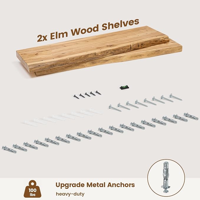 Venusmiles Live Edge Elm Floating Shelves for Wall Decor, Rustic Solid Wood Shevles Wall Mounted with Invisible Bracket for Living Room Bathroom Bedroom Kitchen, 32 Inch Set of 2, Natural