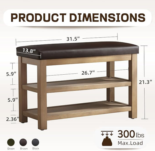 Zihanhome Shoe Rack Bench with Leather Cushion, 2 Tier Solid Wood Storage Bench, Mid-Century Modern Shoe Bench for Entryway, Hallway, Closet, Front Door Entrance, Foyer (Dark Brown, 31.5)