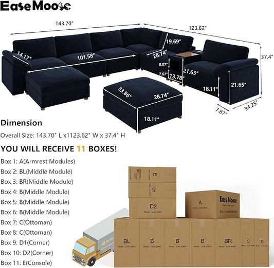EASE MOOSE Oversized U Shape Sectional Sofa,Blue Deep Seat Modular Sofa