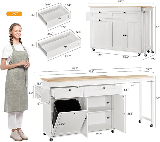 ONBRILL Kitchen Islands with Extendable Dining Table, 81.7" Mobile Kitchen Storage Islands, Rolling Kitchen Cart with Trash Cabinet, Power Outlet, Spice Rack & Towel Rack, White