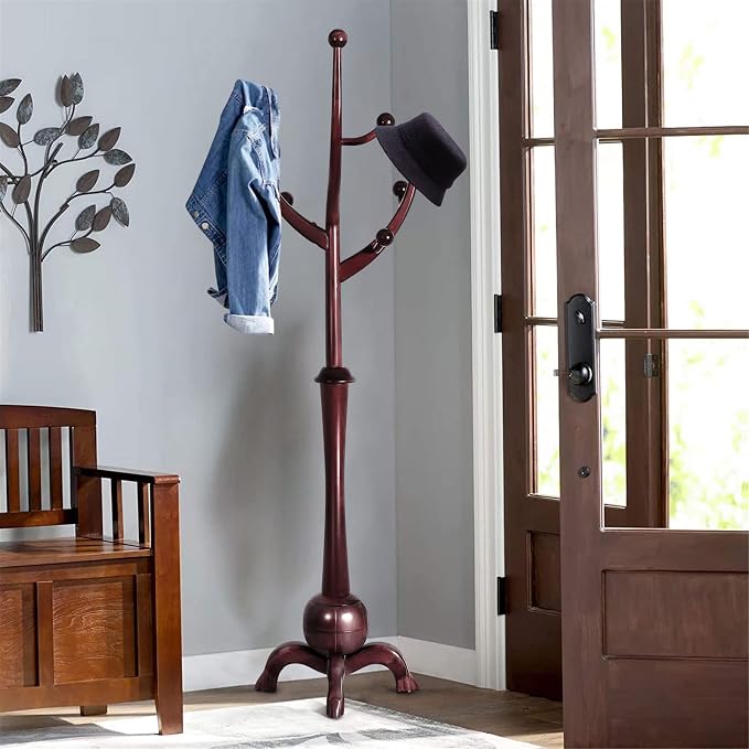 Bekrvio Freestanding Wood Coat Rack with Stable Sphere Base, Wine Red | 8 Hooks Tree Branch Design, Heavy Duty Standing Coat Hanger for Entryway, Hallway, Bedroom, Foyer; Hangs Coats, Hats, Bags