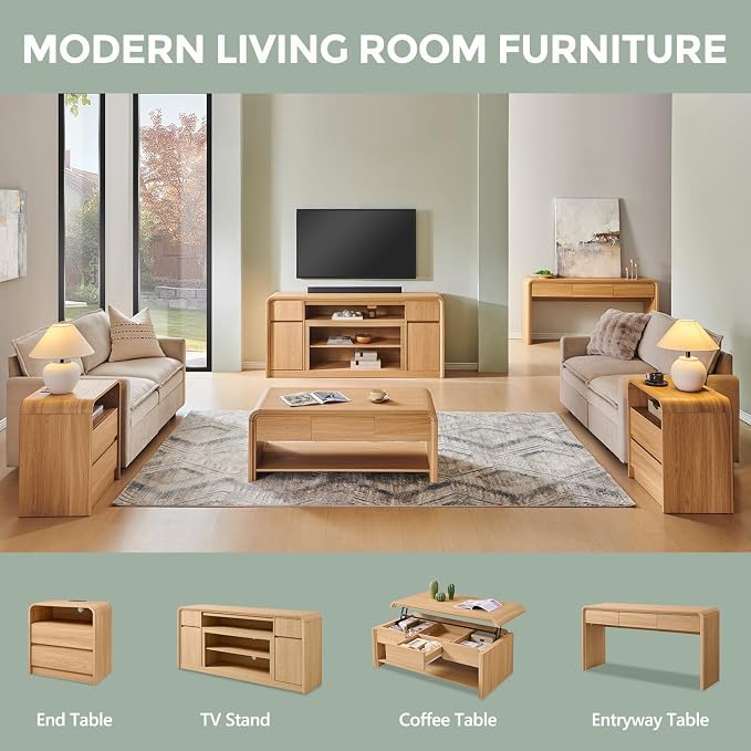 Aitjunz 47" Lift Top Coffee Table with Storage, Modern Coffee Table with Pull-Out Drawer and Two-Tier Storage, Rectangle Wood Center Table w/Curved Profile Design for Living Room, Natural