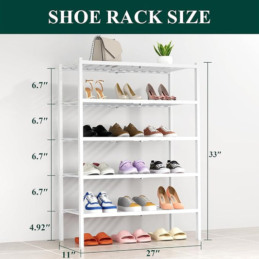 Smiry Bamboo Shoe Rack, 5 Tier Free Standing Wooden Shoe Organizer, Stackable Wood Shoe Storage Shelf for Closet, Entryway, 14 Vertical Slats, 2+2+1 Stack Heavy-Duty Legs, 26.8"x11"x32.5", White