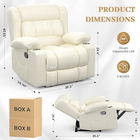 RV Recliner Chair, Oversized Reclining Loveseat Home Theater Seating with Cup Holders, Insert Pockets, Wall Hugger RV Recliners for Movie Room, Recline Movie Seats Gaming Sofa, White