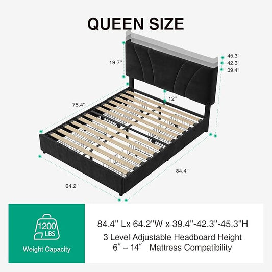 Novilla Queen Bed Frame with Headboard, Queen Bed Frame with Drawers, Queen Bed Frame with LED Lights, Charging Station and Adjustable Headboard, No Box Spring Needed, Black Velvet