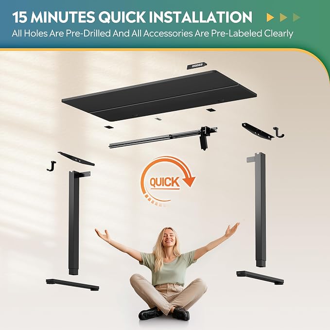 DEVAISE 48 Inch Electric Standing Desk, Adjustable Computer Desk for Home Office, Ergonomic Sit to Stand Desk with LED Touchscreen,Headphone Hook, 3 Memory Preset, with Split Top, Black