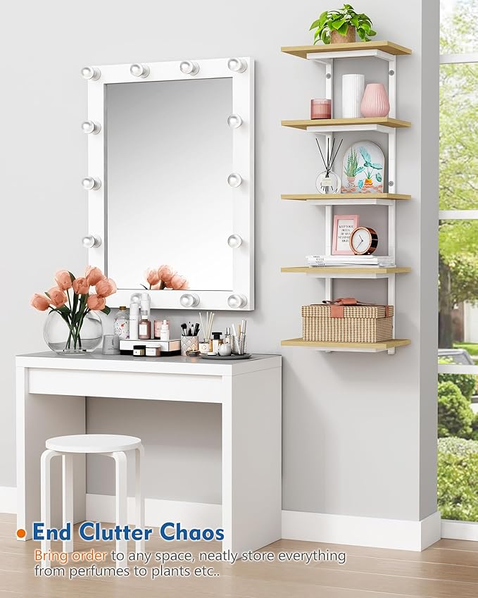 Harwaya White and Natural Tiered Wall Shelf Unit, 5 Tier Display Floating Shelves, Deep Hanging Wall Shelving Unit for Living Room Plants TV, Bedroom Books, Office Décor (White and Natural Wood)