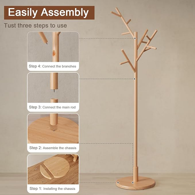 Muwuele Coat Rack,Solid Wood Coat Rack Freestanding with 12 Hooks,Coat tree freestanding 3 Adjustable Heights for coat, Hats, Handbags,Coat Stand for Entryway,Bedroom (Natural)
