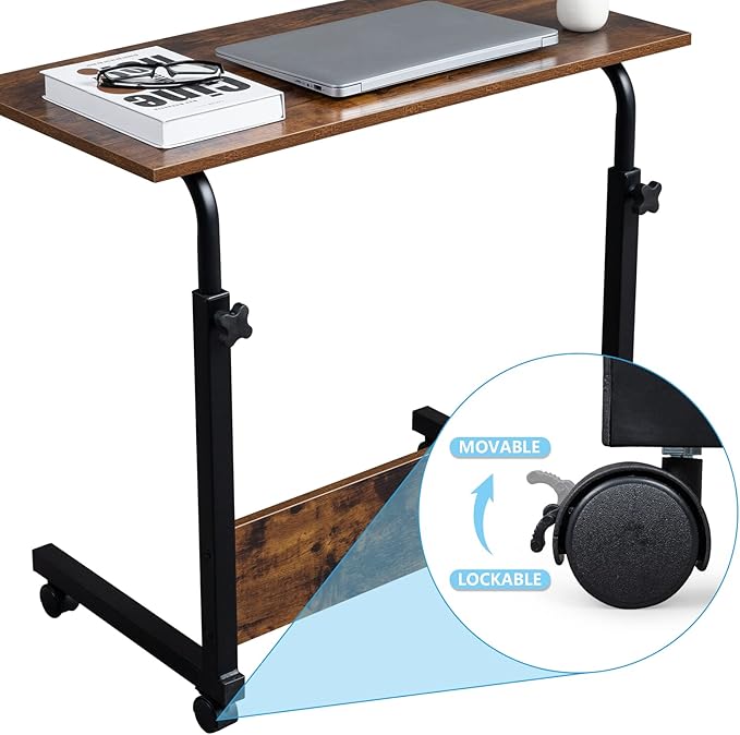 TV Tray Bed Side Table, Portable Rolling Desk Hospital Bed Laptop Table, Small Standing Desk with Wheels Adjustable Height for Sofa, Bedside, Tablet Use, Secure Non Tilt, 31.5" W, Brown