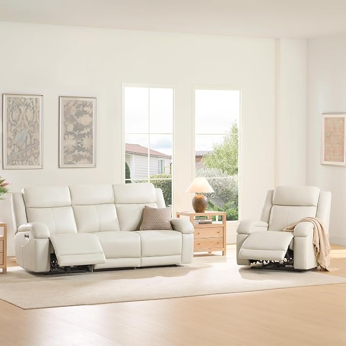 Watson & Whitely Genuine Leather Power Recliner Sofa, 3 Seater Wall Hugger Reclining Sofas with Power Headrest, USB & TypeC Ports, Electric Recliner Couch Set for Living Room, Cream