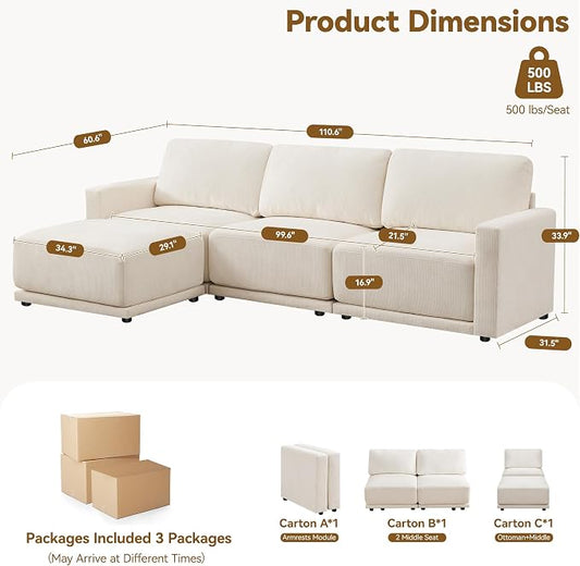 110.6" L Shaped Modular Sectional Sofa Modern Chenille Comfy Couch with Thickened Seat Cushions, Easy Assembly, Upholstered 4 Seater Couch with Movable Ottoman for Living Room, White
