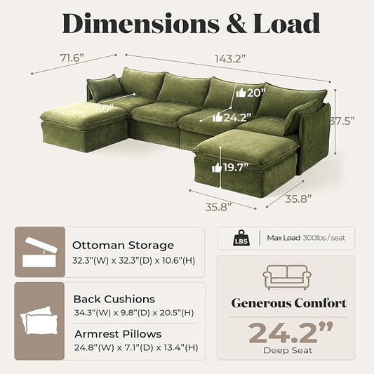 Cloud Modular Sectional Sofa, Oversized Deep Seat Comfort, Luxe Chenille | Fully Removable Washable Covers, Memory Foam Seat Cushions, Storage Ottoman, Premium Fabric