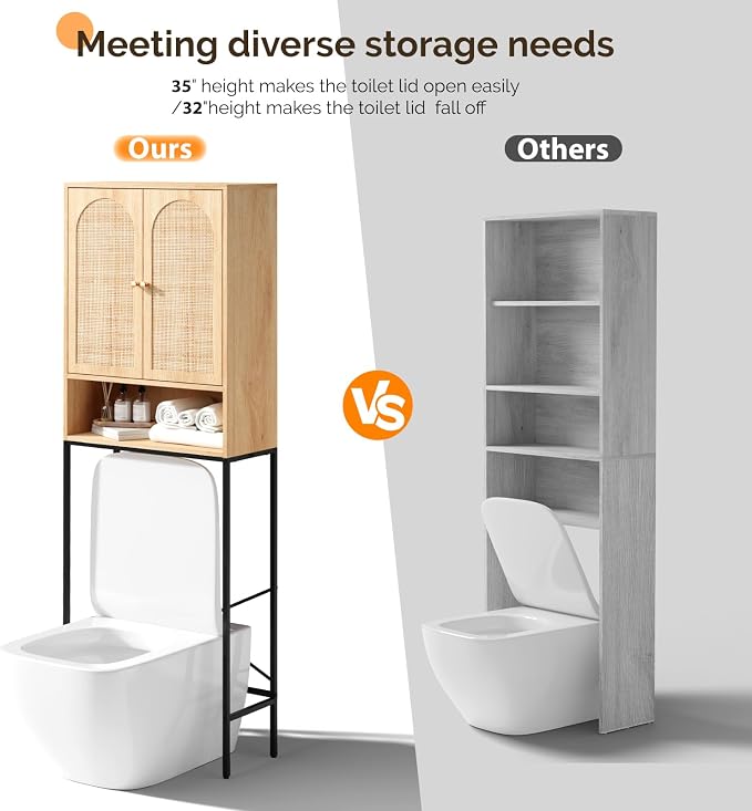 VINGLI Over The Toilet Storage Cabinet, Rattan Bathroom Organizer Behind Toilet,Above Metal Stand Rack Tall Freestanding Wood Cabinet with Wicker Doors,Adjustable Shelf for Bathroom,Restroom,Bohemian