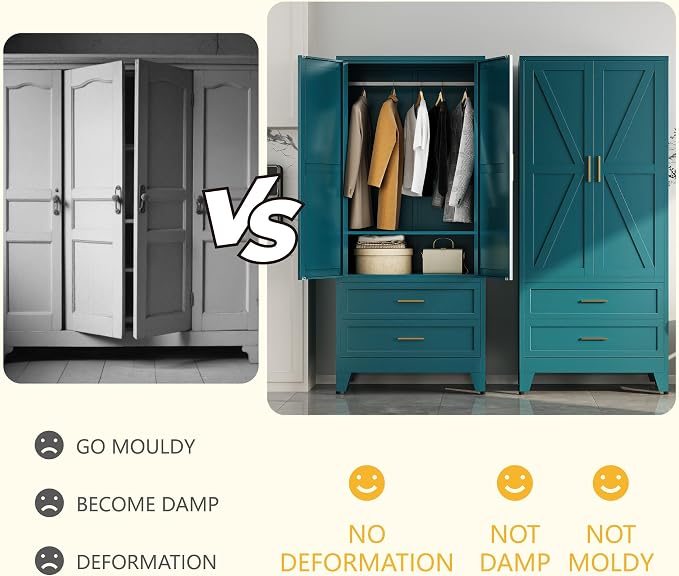 Metal Wardrobe Closet Cabinet with Drawers,71" H Large Bedroom Armoires with Shelves and Hanging Rod,Wardrobe Storage Cabinet with 2 Doors, 1 Adjustable Shelf and Drawers (2Drawer, Blue)