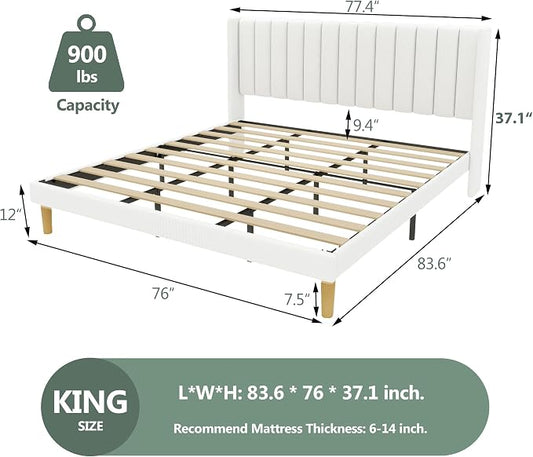alazyhome Platform Bed Frame King Size with Upholstered Headboard, Solid Wood Slats Support, No Box Spring Needed, Noise Free, Easy Assembly, Modern Fabric Bed, White