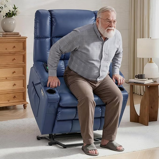 MCombo Extra Wide Dual Motor Power Lift Recliner Chair for Elderly, Zero Gravity Lift Chair with Heat and Massage, Infinite Position Recliners, USB Ports, Faux Leather R7897 (Medium-Wide, Blue)