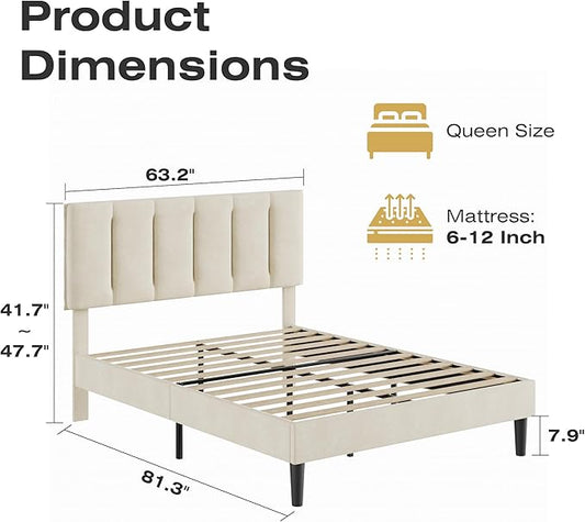VECELO Queen Size Bed Frame with Upholstered Headboard, Heavy-Duty Bedframe with Strong Wooden Slats Support, No Boxing Spring Needed, Pale Beige
