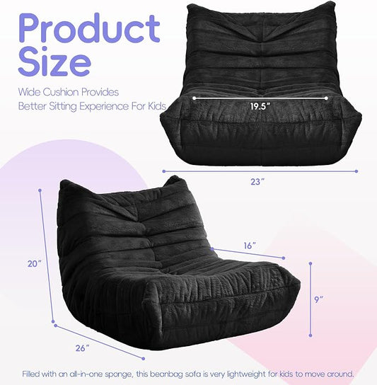 Hobestluk Small Bean Bag Chair Faux Fur Fabric BeanBag Couch for Playroom | Black Plush,Ergonomic Design,Memory Foam,Strong Supportive,No Assembly Required,Decorative Style for Living Room Bedroom