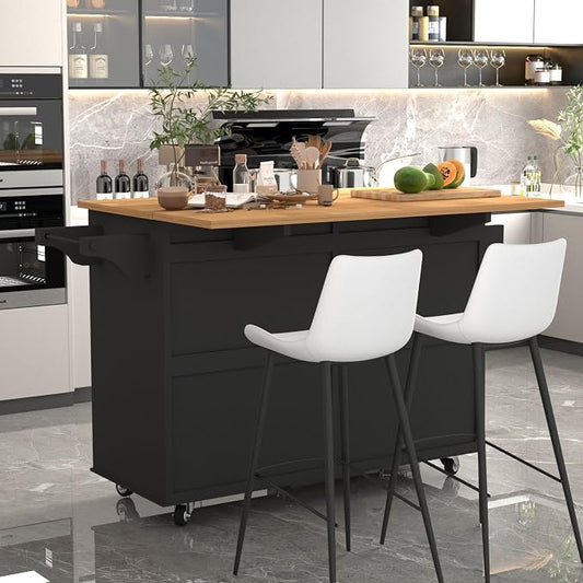 51 Kitchen Island Cart with Drop Leaf Breakfast Bar, Rolling Mobile Kitchen Island Table on Wheels with Storage Cabinet, Drawer, Spice/Towel Rack, Black