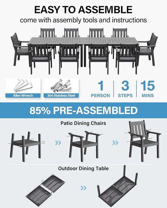 YEFU Outdoor Patio Dining Sets: All Weather 12 Piece Dining Table Set for 10 with Umbrella Hole & Aluminum Frame - Outdoor Furniture 2 Table and 10 Chairs for Outside Backyard/Porch/Deck Grey