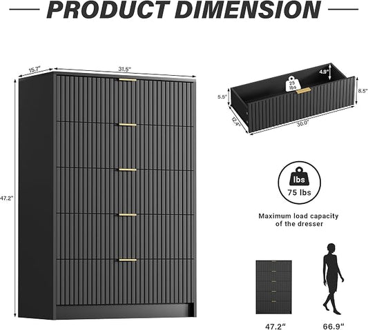 Furniway Black Dresser for Bedroom, Modern Dresser with 5 Drawers and Smooth Slides, Wide Chest of Drawers with Golden Handles for Bedroom, Living Room, Closet, 15.7" D x 31.5" W x 47.2" H