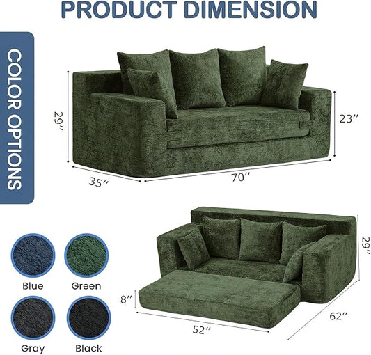 Boneless Couches 70", 3 Seater Boneless Couch with Pull Out Sofa Bed, Boneless Couch Bed with 5 Pillows Green, Plush Velvet Sofa for Living Room & Bedroom