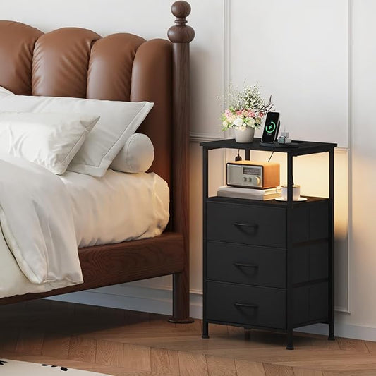 Somdot Black Nightstand with Charging Station and LED Light for Bedroom, Tall 3 Drawers Dresser with Fabric Bins for Bedside Kids Dorm Room Closet Laundry Entryway, Black