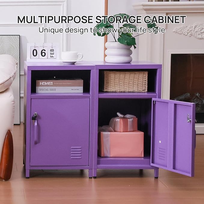 ALBAD Compact Metal Nightstand with Lockable Cabinet and Open Shelf, Modern Bedside Table, Versatile Side Table for Bedroom, Living Room, or Office (Purple, 26" H-Lockable Door)