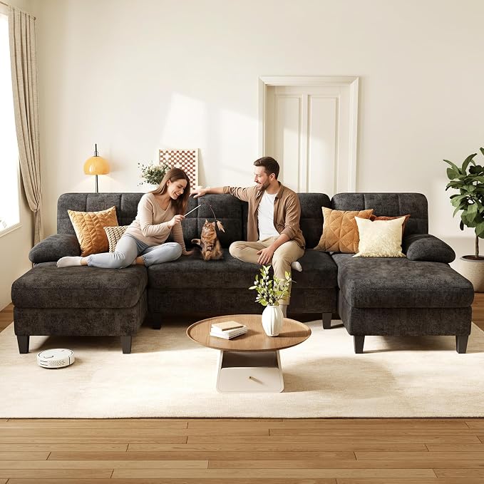 KKL U-Shaped Sectional Couch for Living Room, 112" Sectional Sofa with Double Chaise, Modern Sofa Deep Seat Couches for Living Room, Apartment, Office, Black