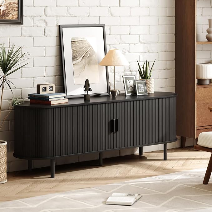 ONBRILL 63" TV Stand with Power Outlet for TVs up to 70 Inch, Entertainment Center with Storage and Adjustable Shelves, Modern Media Console with Sliding Doors for Living Room, Black