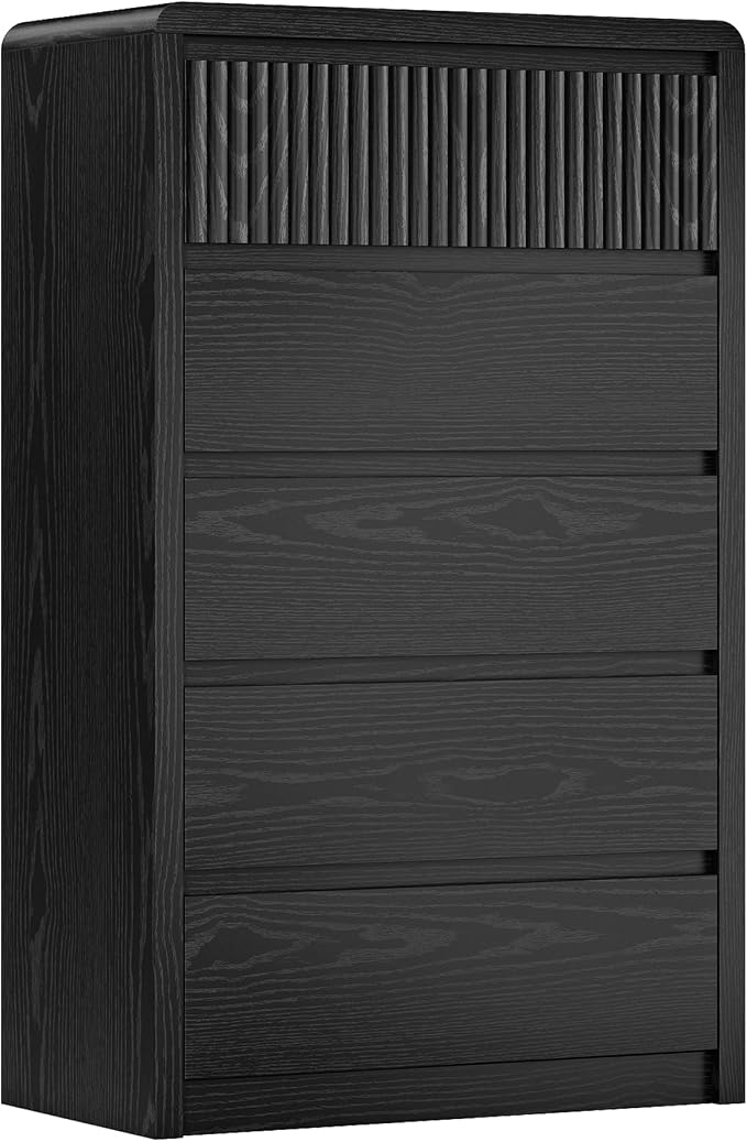 LYNSOM 5 Drawer Dresser for Bedroom, 48" Tall Fluted Dresser with Curved Corners, Wood Dressers & Chests of Drawers with Dual-Panel Design for Bedroom, Entryway, Black