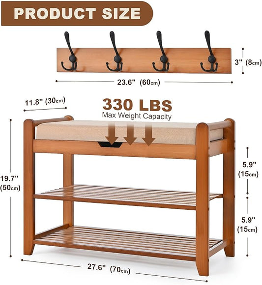 Shoe Storage Bench with Coat Rack, 27.6in Hall Tree Shoe Rack, 3-Tier Bamboo Entryway Bench Holds Up to 330lb for Bedroom Hallyway