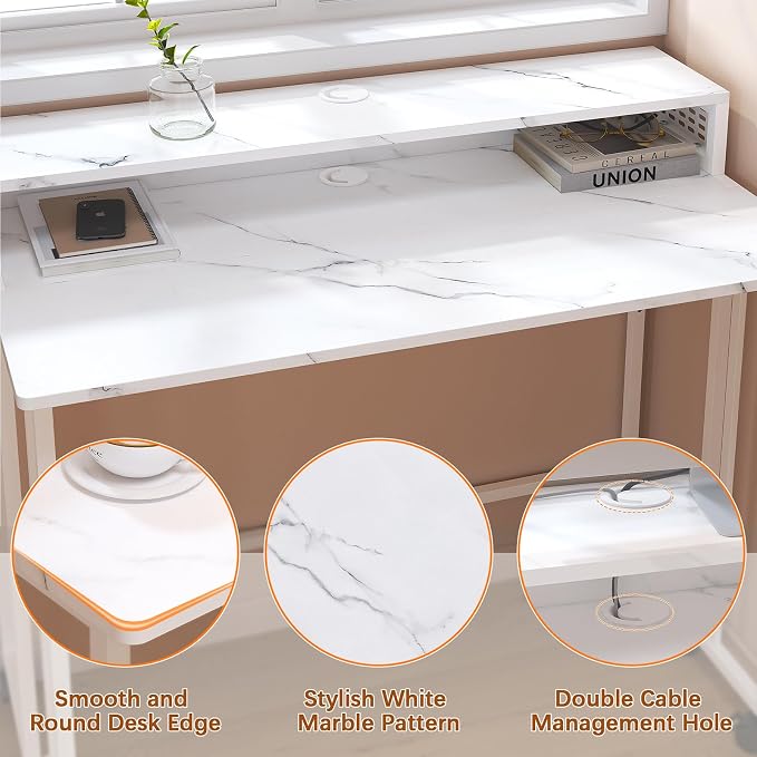 Gezen Folding Desk With Storage Shelf, Small Rolling With Wheels, Mobile Couch Sofa Side Table Bed for Home Office Small Space, White Marble, 39.4"