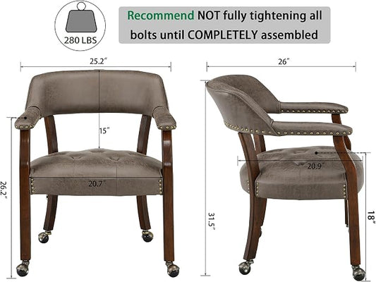 LEEMTORIG Dining Chairs with Casters and Arms, Upholstered Rolling Dining Chairs with Wheels for Elderly, Ergonomic Wide Seat Wooden Office Chair, 26"Dx25.2"W, Cherry Legs&Dark Brown Fabric SY-1533-DK