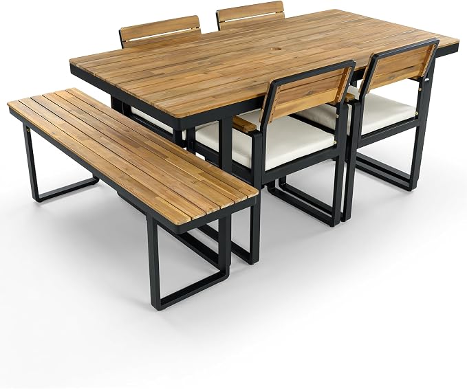 Quarte 6-Piece Outdoor Dining Set with 1 Acacia Wood Table and 4 Chairs & 1 Bench, Adjustable Feet for Patio, Garden, Backyard Family Meals BBQ Parties (Beige-AA)