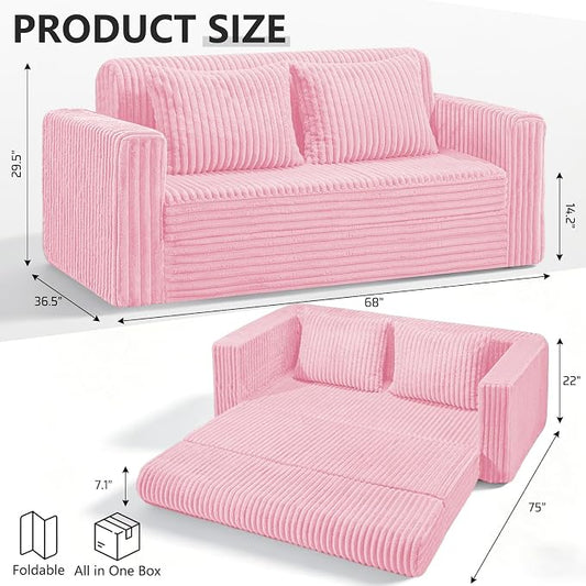 HABUTWAY 68" Loveseat Boneless Couch, 4-in-1 Convertible Sofa Bed, Plush Fur Folding Futon Sofa Bed Couches with 2 Pillows for Living Room, High-Density Foam Support, No Assembly Required, Pink