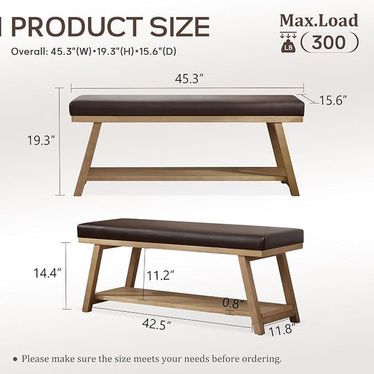 Zihanhome 45" Entryway Bench Upholstered Storage Bench for Bedroom Shoe Rack Bench for Living Room, Hallway, Mudroom, Balcony, Sturdy Indoor Bench Seat Holds Up to 300 lbs (PU-Brown)