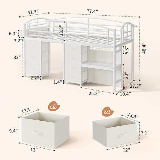 Low Loft Bed Twin Size with 7 Storage Drawers, Desk and LED Lights, Heavy Duty Metal Kids Loft Bed with 13.8" H Safety Guardrail, Anti-Collision Pad, Private Play Curtain, Under-Bed Play Space - Beige