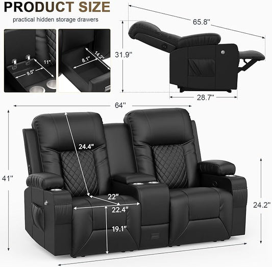YONISEE Large Loveseat Recliner, Loveseat Recliner Sofa with Storage Console, Recliner Chair with USB Ports, 2 Cell Phone Holders, Cup Holder, Loveseat Couch for Living Room