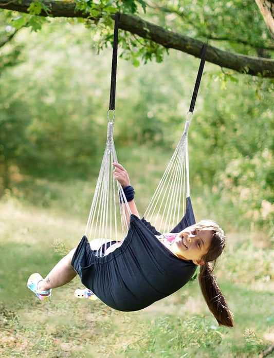 Chihee Hammock Chair Hanging Swing 2 Pillows Included,Strong Webbing Straps and Hooks for Easy Hanging Soft Cotton Hanging Chair Side Pocket Tassel Chair Comfort Indoor Outdoor Dark Grey