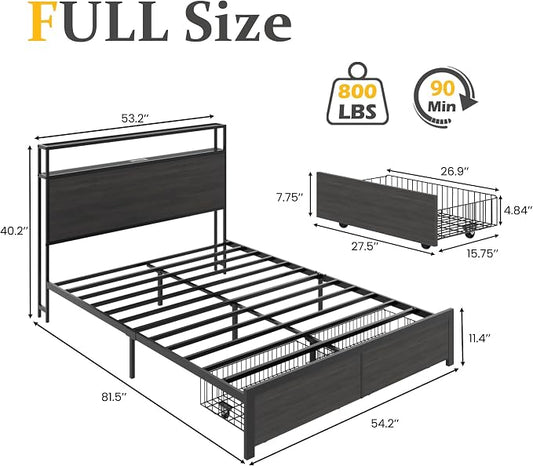 Lifezone Full Bed Frame with 2-Tier Storage Headboard, Metal Bed Frame with Storage Drawers & Built-in Charging Station & LED, Noise-Free, No Box Spring Needed, Easy Assembly, Rustic Grey