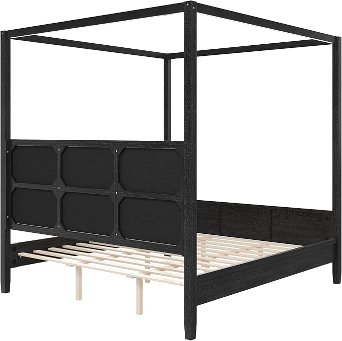 Merax Queen Size Canopy Bed with Upholstered Headboard, Wooden Platform Bed Frame with 4-Posters, Solid Wood Slat Support, No Box Spring Needed