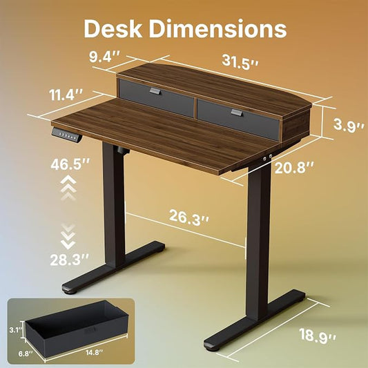 HUANUO 32 x 21 Standing Desk with 2 Drawers, C-Clamp Compatible, Walnut