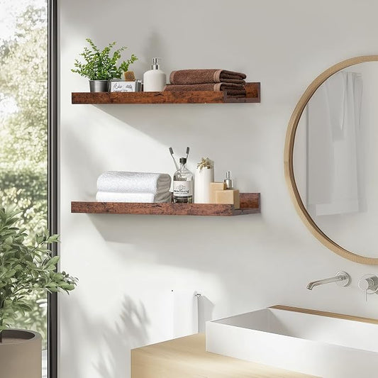 Muzilife 16" Floating Wall Ledge Shelves with Lip - Set of 2 Wood Floating Shelves - Honey Wall Mounted Picture Ledge for Office, Bathroom, Bedroom, Living Room, Kitchen