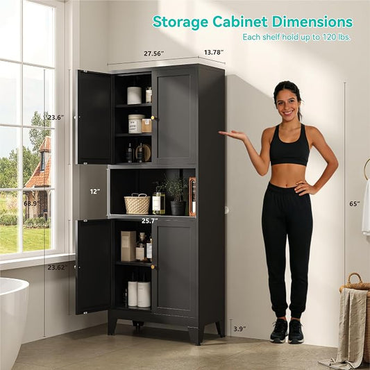 69" Tall Pantry Cabinet with Open Shelf,13.78“Deep By 28" Wide Storage Cabinet with Doors and Adjustable Shelves,Microwave Stand,for Kitchen Dining Room Bathroom,Black,1Pc