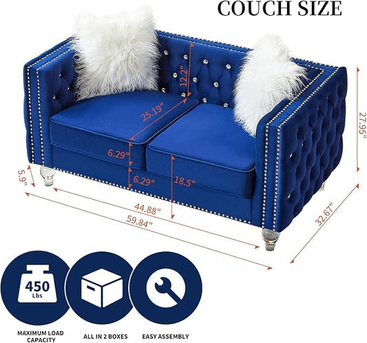 60" Chesterfield Sofa, Velvet Mid-Century Modern Upholstered Loveseat Sofa with 2 Throw Pillows and Acrylic Legs, Nailhead Button Tufted Vintage Couch for Living Room, Apartment, Blue