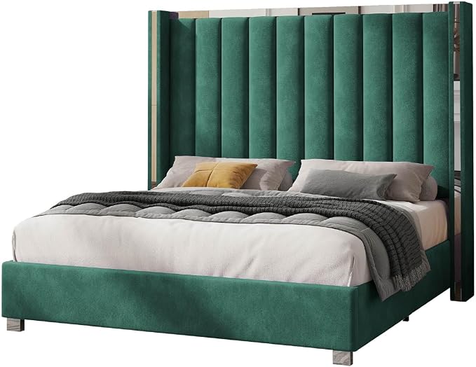 Jocisland Bed Frame with 58" Tall Headboard, Platform Velvet Upholstered Bed with Channel Tufted Wingback Headboard and Plating Trim, No Box Spring Needed (Green, King (U.S. Standard))