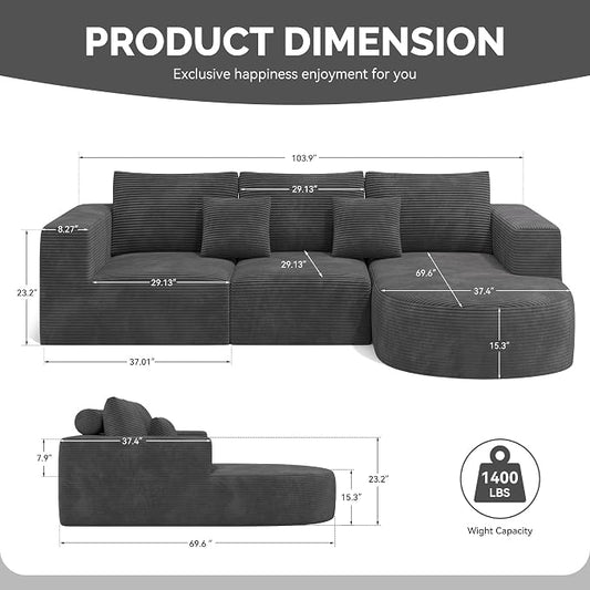 Boneless Couches for Living Room,Cloud Sectional Couch with L-Shape Chaise,Modern Modular Sofa with Deep Seat Upholstered Comfy Couches for Bedroom,No Assembly Required,1PCS