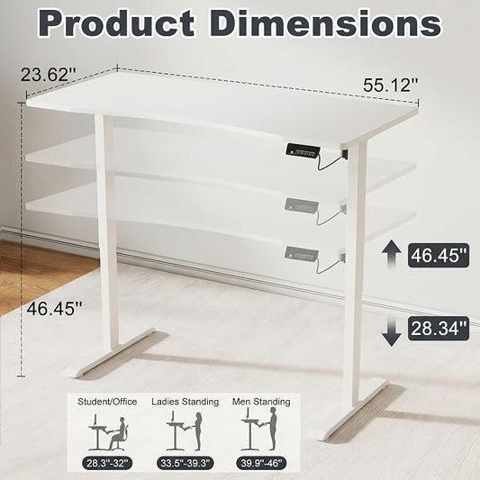 Solid Wood Electric Standing Desk 55"x23.6"Home Office Desk,Adjustable Workbench with 3 Stages Single Motor, Computer Workstation with T-Shaped Metal Bracket,White Standing Desk for Gaming(1 Box)