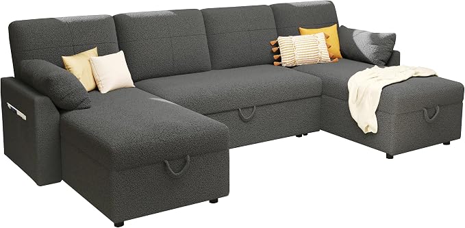 PaPaJet 110 Inch Sleeper Sofa, Oversized Pull Out Couch with Double Storage Chaise,U Shape Couches for Living Room, Gray